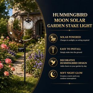 Lámpara Solar de Jardín con Forma de Colibrí y Luna, Luz Amarilla de Hierro y Vidrio para Caminos, Decoración Exterior, IP65 Impermeable, con Sensor de Luz y Batería - Product Image 4