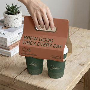 ที่ใส่แก้ว<span class=keywords><strong>กาแฟ</strong></span>แบบมีโลโก้สั่งทำ  วัสดุกระดาษคราฟท์รักษ์โลก  พร้อมหูหิ้วสำหรับใส่แก้ว 2 ใบ - Product Image 1
