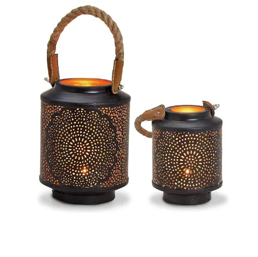 Set of Two Cutting Work Trendy Design Rope Handle Candle Lantern Home Decoration & Wedding Party Decoration Candle Lantern