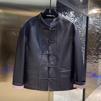Jaket Kulit Domba Asli Gaya Oriental Wanita 2026, Mantel Kerah Tegak Kancing Katak Simpul Cina dengan Lapisan Kontras