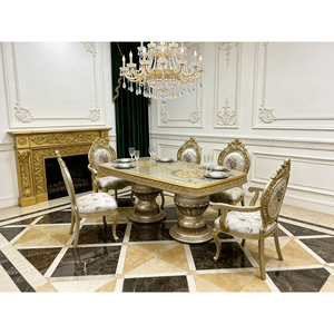 Bộ bàn ăn 9 món hình chữ nhật chạm khắc phong cách châu Âu, chất liệu gỗ nguyên khối, màu vàng champagne, lưng ghế hình chữ thập, phù hợp với biệt thự nhỏ. - Product Image 4