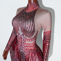 Combinaison rouge rétro à strass et franges longues, imprimé numérique 3D, robe de danse en maille pour performance sur scène de danse latine, samba, danse de salon