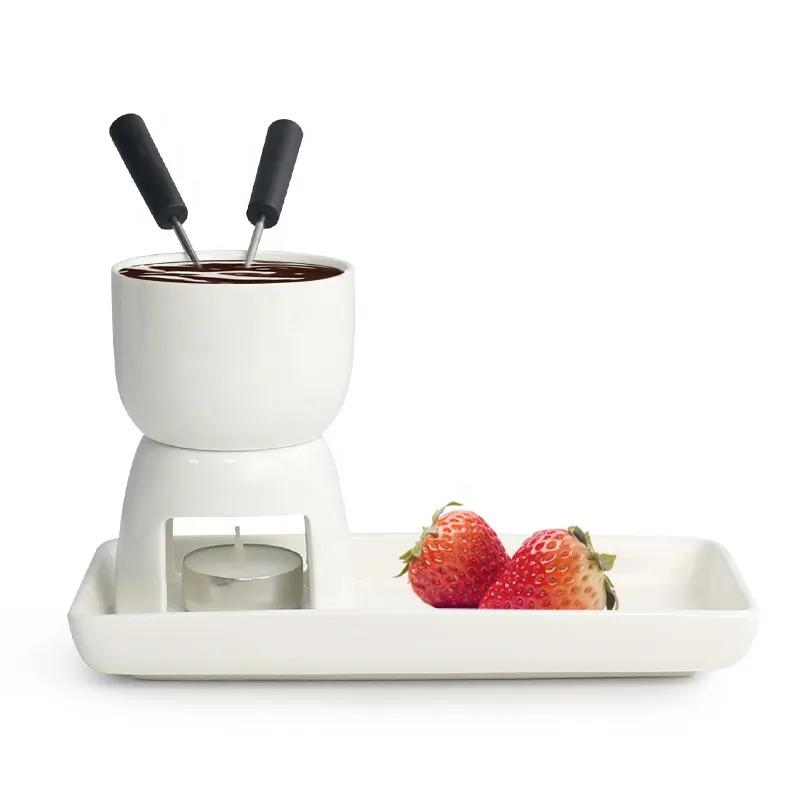 Heißer Verkauf Western Melting Pot Weißer Schokoladen fondue Topf Keramik Fondue Set Mit Tablett