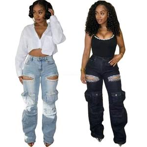 高品质女式棉质弹力牛仔裤纯色透气大号库存时尚休闲裤标志腰身直销中国 - Product Image 4