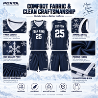 Ensemble d'uniformes de basketball personnalisés flocon de neige de Noël, maillot et short de sublimation bleu marine et blanc à col en V, nom d'équipe personnalisé, faible MOQ