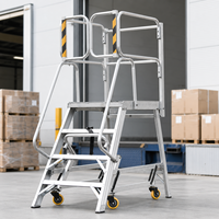 Échelle plateforme mobile professionnelle en aluminium à 4 marches avec garde-corps de sécurité et système de roulettes rétractables pour entrepôt/salle de sport