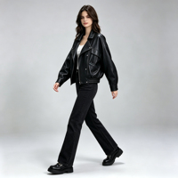 Veste en cuir de moto pour femme, imperméable, à fermeture éclair sur le devant, en peau de mouton texturée, surdimensionnée, col double, grande poche, style biker