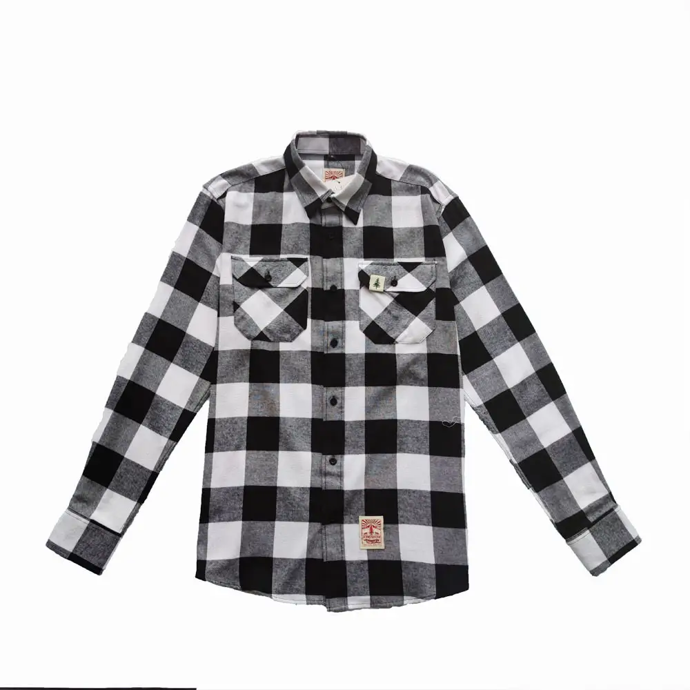 Apparel manufactures oem service custom woven label classic style black and white men flannel shirt