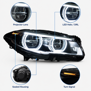 Fari a <span class=keywords><strong>LED</strong></span> BK per <span class=keywords><strong>BMW</strong></span> Serie 5 <span class=keywords><strong>F10</strong></span> 2011-2017, Gruppo Ottico con Angel Eyes e Luci Diurne, Aggiornamento Fari Anteriori - Product Image 4