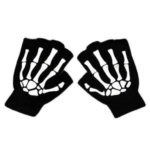 Gants tricotés mi-doigts en jacquard squelette pour Halloween, en acrylique/coton, écologiques, respirants et chauds, pour fêtes, vente en gros à prix abordable - Product Image 1