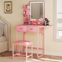 Coiffeuse rose lumineuse avec miroir, table de maquillage à 2 tiroirs, panneau rabattable et prise électrique pour chambre à coucher