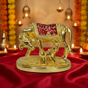 <b>Gold</b> Plated Surabhi Gau Mata with Nandini Calf <b>Statue</b> Hindu Temple Decor Spiritual Gift Wedding Return Gift - Product Image 6