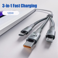 Kabel Pengisian Daya USB 3.1 3-in-1 120W Super Cepat dengan Desain Kepang, Kompatibel dengan iPhone, Micro USB, dan Perangkat Android Tipe-C
