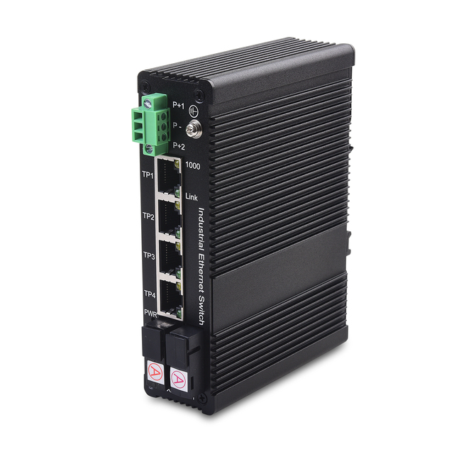 4-Ports Industrial Unmanaged Ethernet Switch DC 48~55V 802.3af/at 2 Fiber SC Din-Rail PoE Switch