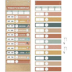 Burlap Daily Schedule Pocket Chart 14 Pockets Reusable Cards Time Management Classroom <b>Decor</b> Farmhouse - Product Image 1