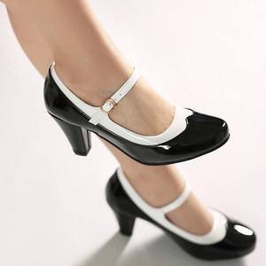 Elegant <b>Black</b> Patent Leather Heeled Sandals With White Ankle Strap Buckle Closed Toe Mid <b>Heel</b> All Seasons Women's Shoes - Product Image 2
