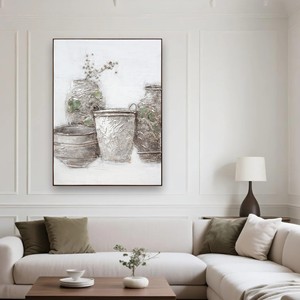 Quadro Astratto con Natura Morta, Vasi <span class=keywords><strong>Rustici</strong></span> con Intarsi Verdi e Fiori Secchi, Dipinto a Olio Fatto a Mano su Pietra Naturale - Product Image 1