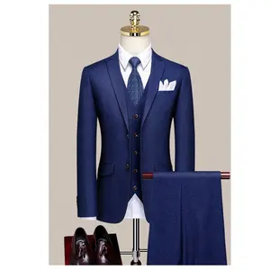 Vente en gros prêt à être expédié, bleu marine élégant simple boutonnage solide Leader d'affaires costumes 3 pièces Blazer gilet pantalon pour mariage
