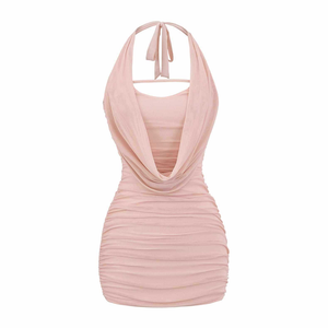Robe Courte Sexy Halter Dos Nu Froncée Drapée Moulante Crayon Unie Coupe Slim pour Soirée Club Femme - Product Image 2