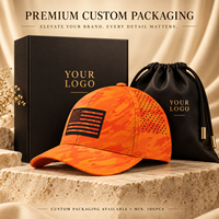 Casquette de performance à 6 panneaux, coupe laser personnalisée, motif camouflage orange, à visière incurvée, séchage rapide, respirante, avec patch en caoutchouc et fermeture strapback, vente en gros