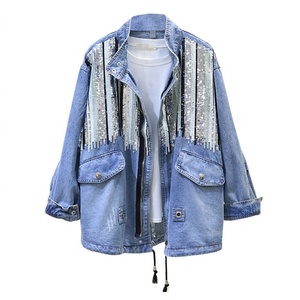 Spring New Arrival <strong>Ladies</strong> Ripped Jeans Coat Womens Drawstring Cotton Denim <strong>Jacket</strong> Oversize <strong>Sequins</strong> Jean <strong>Jacket</strong> - Product Image 1