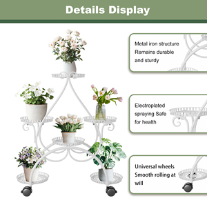 Supporto per Piante Bianco: Carrello da Giardino in Metallo per 6 Vasi, <span class=keywords><strong>Portavasi</strong></span> in Ferro Battuto <span class=keywords><strong>con</strong></span> <span class=keywords><strong>Ruote</strong></span> per Patio, Verande - Product Image 2