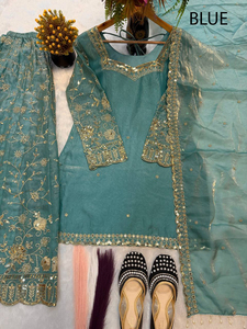 Bestselling Pakistani <b>Indian</b> Green Silk <b>Top</b>-Sharara Dupatta Set Embroidery Sequins Work Ready Wear Diwali Party Wear - Product Image 3