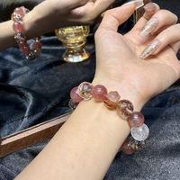 Bracelet pour femme en cristal naturel, perles de quartz fraise, or noir ultra-blanc, fait main, avec fermoir porte-bonheur ; porte-argent