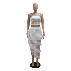 <b>Sexy</b> Sleeveless Lace Bustier Top With Irregular Half Skirt Solid Color Two-Piece <b>Set</b> for Women Fashion - Product Image 3