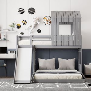 เตียงสองชั้นทรงบ้านสีเทาพร้อมสไลเดอร์สำหรับห้องนอนเด็ก - Product Image 1