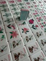 Set Mahjong Bambu Mewah Modern dengan Ubin Akrilik Berbingkai Hijau Mint & Merah Muda, Motif Tanaman, Dapat Dilipat dan Portabel