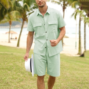 Produttore di Abbigliamento Estivo, Set da <span class=keywords><strong>Uomo</strong></span> 2 Pezzi in Cotone e <span class=keywords><strong>Lino</strong></span>, Camicia e Pantaloncini, Outfit da Spiaggia Casual e Semplice, Completo Oversize da <span class=keywords><strong>Uomo</strong></span> - Product Image 3