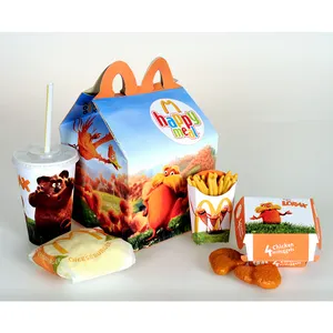 Pintura personalizada de alta calidad MDonad cartón comida Gable Box, niños Happy Meal Box, cumpleaños Goodie Party Favor Box con asa