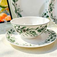 Ensemble de bols et assiettes en céramique sous glaçure, motif végétal pastoral vert frais de luxe - Compatible micro-ondes, haute esthétique