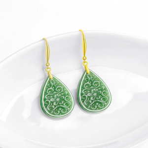 Pendientes de Plata 925 con Base de Espinaca Verde Natural y Jadeíta en Forma de Gota, Estilo Antiguo, Grabados, para Mujer - Product Image 4