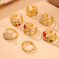 Bague ouverte artisanale en acier inoxydable plaqué or 18 carats, étanche, délicate, anti-ternissement, vintage, minimaliste, avec émail et zircon, pour femme