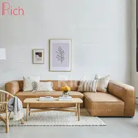 現代的なリビングルームの家具L字型寝椅子ソファソファライトブラウンレザーモダンセクショナルソファ