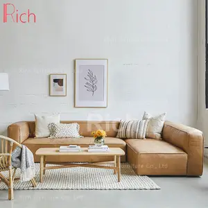 Sofá seccional moderno de cuero marrón claro para sala de estar, moderno sofá en forma de <span class=keywords><strong>L</strong></span> - Product Image 1