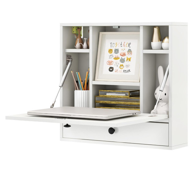Modern Wood Wall-Mounted Laptop Desk with Storage Drawer and Shelves Fold-Down Design Storage Holder & Rack