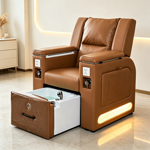 Brown Electric Reclining Pedicure Chair Built‑in Pull‑out Foot Basin With Side <b>Socket</b> LED <b>Light</b> Foot Spa Chair Beauty Salon - Product Image 3