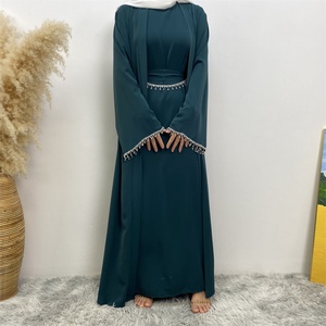 2006+6595# Premium Nida Solid Color Two Pieces Set Modest <b>Kaftan</b> Eid Ramadan Diamond Dubai Abayas With Sleeveless slip Dress - Product Image 4