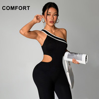 Combinaison de fitness et yoga pour femme, style Pilates, color block, asymétrique à une épaule, avec découpes à la taille, jambe longue, tenue de sport