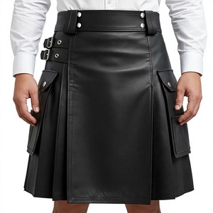 Kilt Escocés Negro de Cuero Vacuno Auténtico para Hombre, Hecho a Mano, Plisado, con Bolsillos Tipo Cargo, Venta al Por Mayor, OEM, ODM - Product Image 1