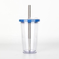 Gobelet en plastique transparent sans BPA personnalisé à double paroi 17oz/500ml tasse à thé au lait Boba réutilisable avec couvercle et paille