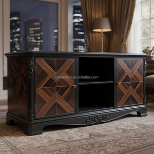 <span class=keywords><strong>Meuble</strong></span> <span class=keywords><strong>TV</strong></span> en bois massif noir antique OE-FASHION, console multimédia de luxe en noyer avec marqueterie et étagères ouvertes - Product Image 1