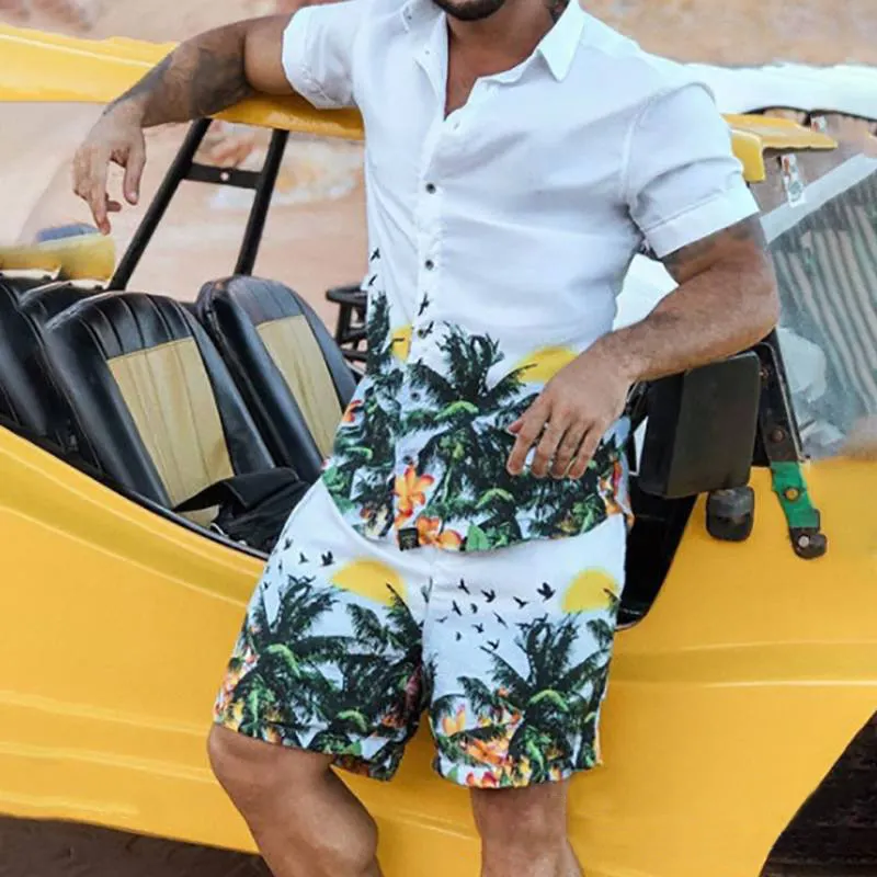 Men's Short Sleeve Two Piece Suit Hawaiian Shirts And Shorts Summer Casual Beach Hawaii Shirts Shorts Set