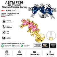 Boucles d'oreilles tendance en titane G23 ASTM F136 16G avec zircon motif colombe de la paix, sans filetage, pour piercing tragus, hélix, lobe