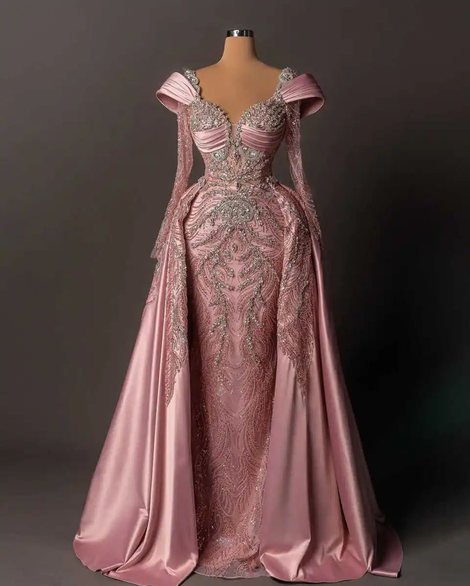 strapless open back dress Pink Off-Shoulder Long-Sleeve Evening Gown – shopaleena main image 1