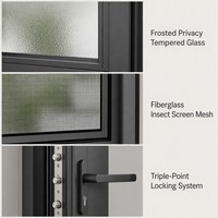 Porte à battant double en aluminium sur mesure de haute qualité, à ouverture intérieure, avec moustiquaire en fibre de verre et verre dépoli