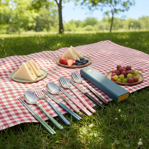 أدوات مائدة محمولة كورية من الفضة المعدنية، طقم أدوات طعام من الفولاذ المقاوم للصدأ، طقم أدوات طعام للسفر 3 في 1 مع حافظة - Product Image 6
